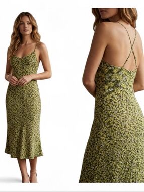 Vintage 90s Style Ditsy Floral Midi Slip Dress Olive Green